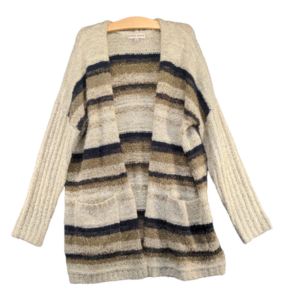 Knox Rose Women's Open Front Cardigan Knit Sweater Multi Large Striped Pockets - Picture 1 of 12